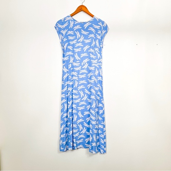 LOFT Butterfly Flutter Sleeve Midi Dress Sz 4 Blue/White Fluid Front‎ Slit - Picture 1 of 8